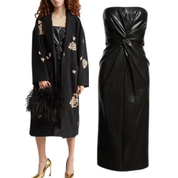 Cinq à Sept Faux Leather Twist Front Midi Dress